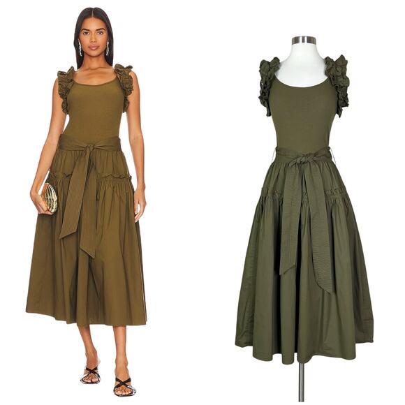 Karina Grimaldi | Rafaela Green Solid Ruffle Ribbed Revolve Tank Midi Dress XS - Picture 2 of 14